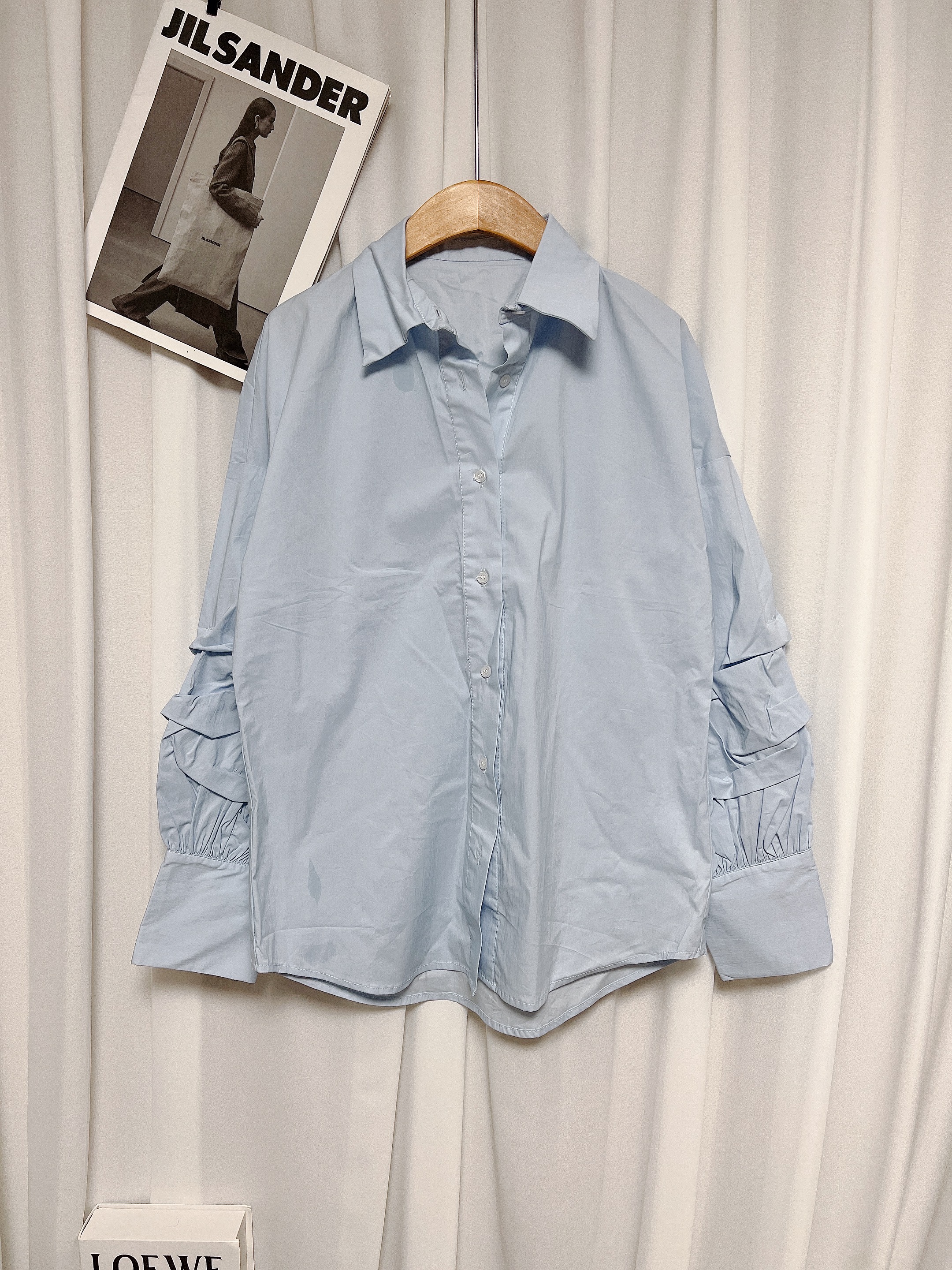 [샘플한장세일] 소매 핀턱 벌룬 셔츠 가슴 51 기장 69 - 소라색
